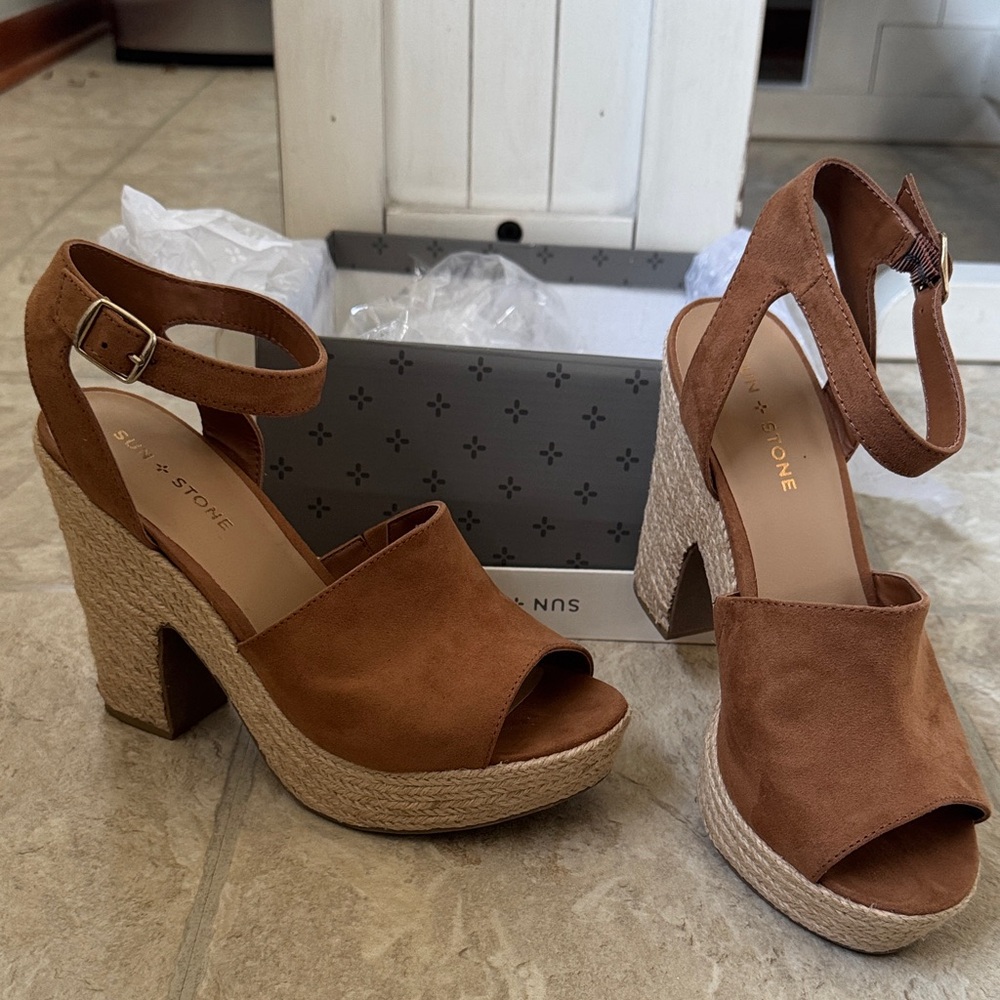 Sun + Stone Tan Wedge Espadrille Sandals